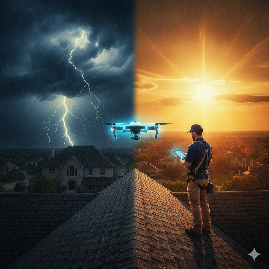 Aerial drone camera checking a shingles roof system near Mount Trashmore